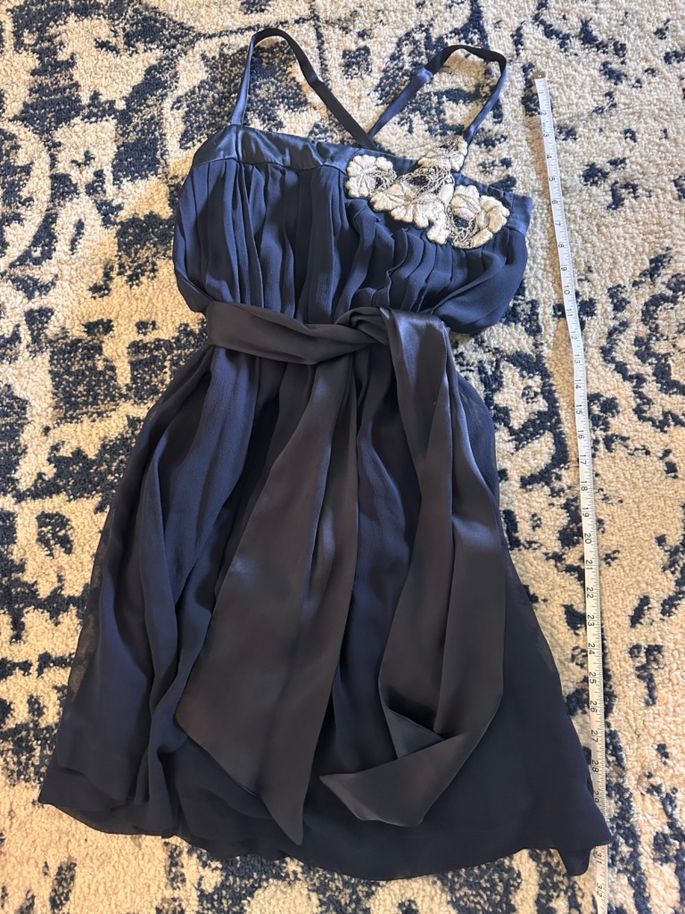 French Connection Navy Chiffon Mini Dress with Pearl Floral Appliqué